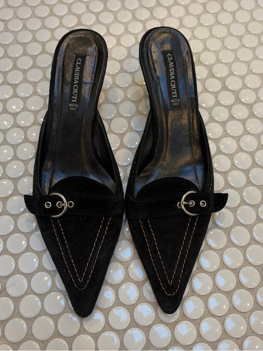 Black Pointed Suede Mule Slides with Silver Ring Detail